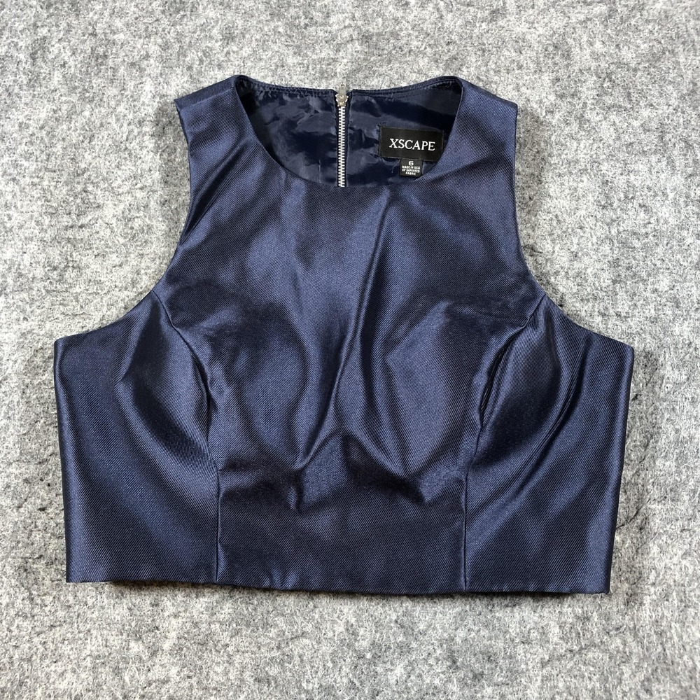 Xscape Crop Top Womens 6 Navy Blue Satin Sleeveless Cropped‎ Zip Back Party